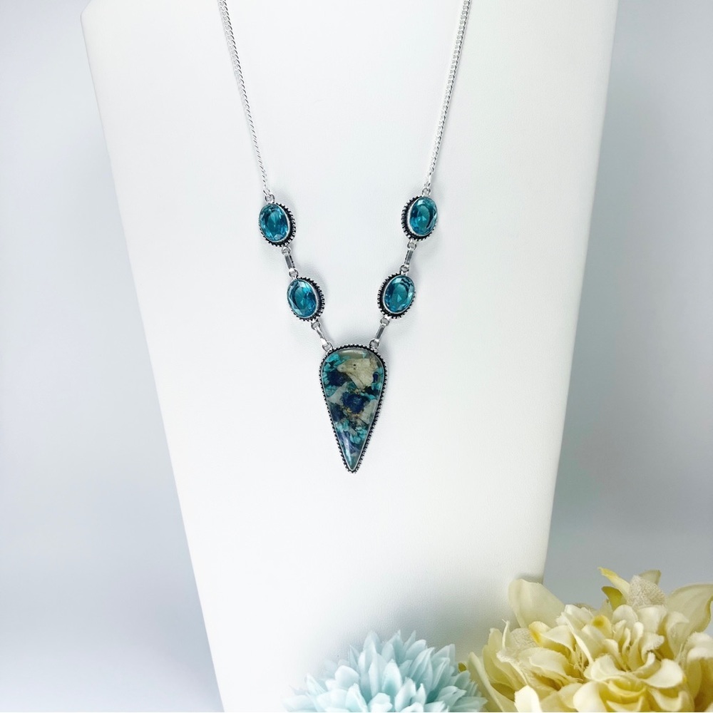 Blue Copper TURQUOISE and Blue TOPAZ Gemstone Necklace New Silver 925 - Picture 3 of 6